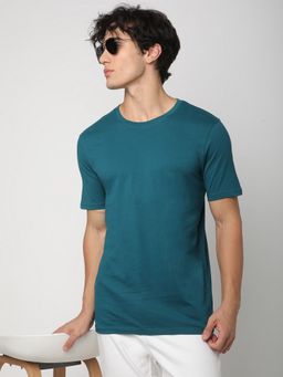 R&B - Men Regular Fit Round Neck Solid Teal T-Shirt