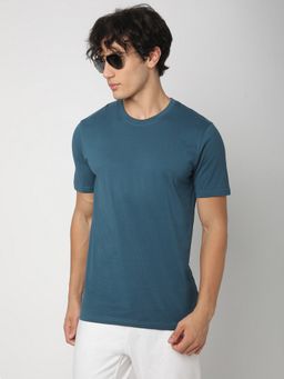 R&B - Men Blue Cotton Regular Fit Round Neck Solid T-Shirt