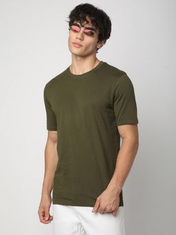 R&B - Men Olive Cotton Regular Fit Round Neck Solid T-Shirt