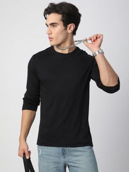 R&B - Men Black Cotton Regular Fit Round Neck Solid T-Shirt