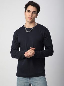 R&B - Men Navy Blue Cotton Regular Fit Round Neck Solid T-Shirt