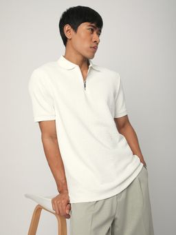 R&B - Men White Polyester Regular Fit Textured Polo T-Shirt