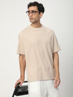 R&B - Men Beige Polycotton Regular Fit Round Neck Textured T-Shirt