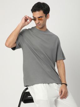 R&B - Men Grey Polycotton Regular Fit Round Neck Textured T-Shirt