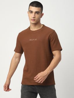 R&B - Men Brown Cotton Regular Fit Round Neck Textured T-Shirt