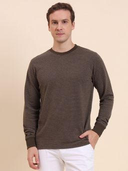 JadeBlue - Cotton Blend Brown Stripes Round Neck T-Shirt