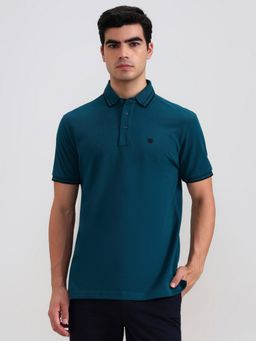 JadeBlue - Pure Cotton Teal Solid Collar Neck Polo T-Shirt