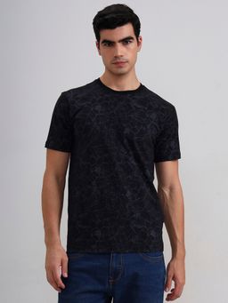 JadeBlue - Cotton Blend Black Floral Round Neck T-Shirt