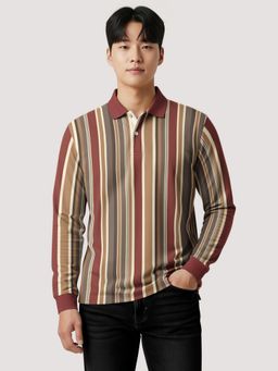 BULLMER - Men Multi-Color Cotton Stripes Full Sleeves Polo T-Shirt