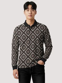 BULLMER - Black Cotton Geometric Full Sleeves Polo T-Shirt