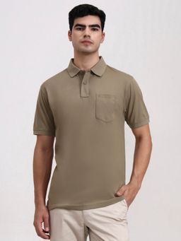 Greenfibre - Cotton Blend Olive Solid Collar Neck Polo T-Shirt