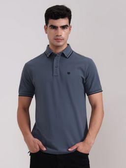 JadeBlue - Pure Cotton Grey Solid Collar Neck Polo T-Shirt