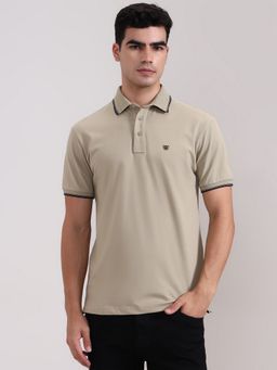 JadeBlue - Cotton Blend Beige Solid Collar Neck Polo T-Shirt
