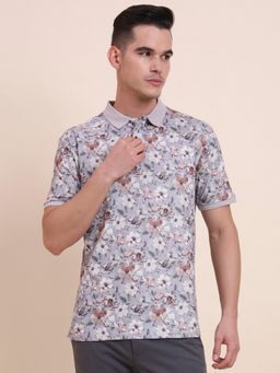Greenfibre - Pure Cotton Grey Floral Collar Neck Polo T-Shirt