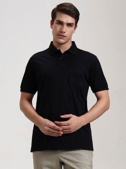 JadeBlue - Pure Cotton Black Solid Collar Neck Polo T-Shirt