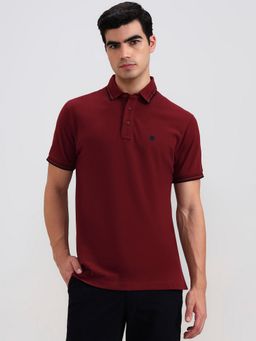 JadeBlue - Pure Cotton Maroon Solid Collar Neck Polo T-Shirt