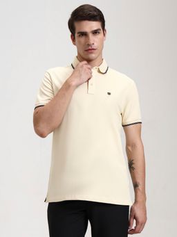 JadeBlue - Cotton Blend Cream Solid Collar Neck Polo T-Shirt