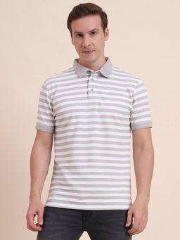 JadeBlue - Pure Cotton Beige Stripes Collar Neck Polo T-Shirt