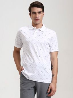 JadeBlue - Pure Cotton White Printed Collar Neck Polo T-Shirt