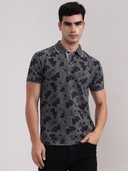 Greenfibre - Cotton Blend Grey Floral Collar Neck Polo T-Shirt