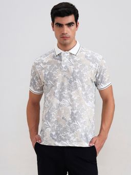 Greenfibre - Cotton Blend White Floral Collar Neck Polo T-Shirt