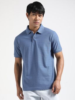 R&B - Men Blue Cotton Regular Fit Polo Neck Textured Polo T-Shirt