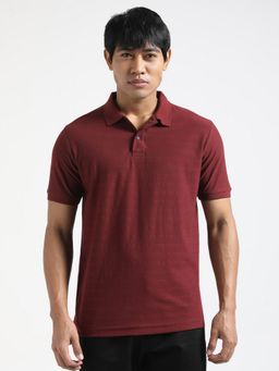 R&B - Men Maroon Cotton Regular Fit Polo Neck Textured Polo T-Shirt