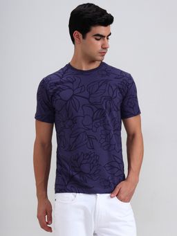 JadeBlue - Cotton Blend Purple Floral Round Neck T-Shirt