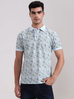 Greenfibre - Cotton Blend Blue Floral Collar Neck Polo T-Shirt