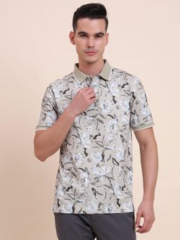 Greenfibre - Pure Cotton Green Floral Collar Neck Polo T-Shirt