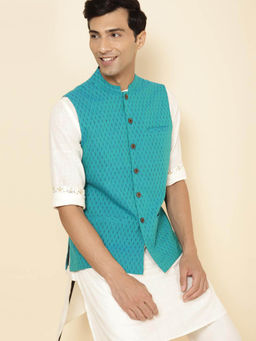 Fabindia - Teal Cotton Hand Block Printed Nehru Jacket