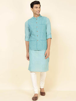 Fabindia - Teal Cotton Hand Block Printed Slim Kurta with Nehru Jacket (Set of 2)