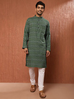 Fabindia - Green Cotton Ikat Slim Fit Long Kurta
