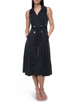 DKNY - Black Sleeveless Button Notched Lapel Midi Dress With Belt
