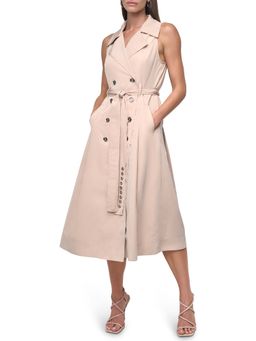 DKNY - Pink Sleeveless Button Notched Lapel Midi Dress With Belt