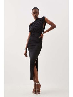 Karen Millen - Black Jersey Crepe Asymmetric Neckline Maxi Dress