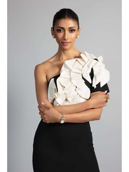 Karen Millen - Black Compact Stretch Taffeta Ruffle One Shoulder Midi Dress