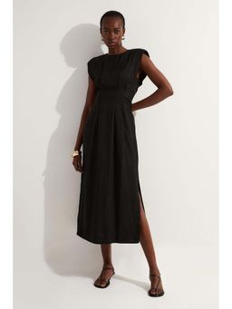 Karen Millen - Black Viscose Linen Woven Pintuck Midi Dress