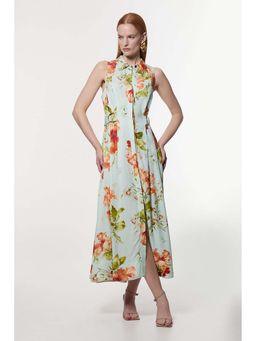 Karen Millen - Multi Color Floral Halter Neck Woven Midi Dress With Belt