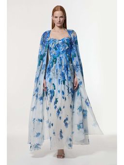 Karen Millen - Blue Scattered Floral Print Woven Pleated Cape Maxi Dress