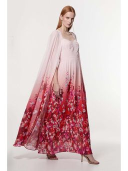 Karen Millen - Pink Scattered Floral Print Woven Pleated Cape Maxi Dress