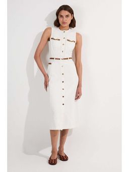 Karen Millen - Ivory Denim and Faux Leather Tipping Sleeveless Midi Dress