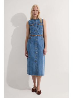 Karen Millen - Blue Denim and Faux Leather Tipping Sleeveless Midi Dress