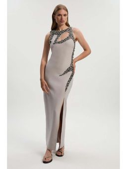 Karen Millen - Grey Embellished Figure Form Bandage Sleeveless Knit Maxi Dress