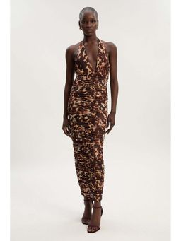 Karen Millen - Multi Color Leopard Print Plunge Halter Neck Mesh Midi Dress