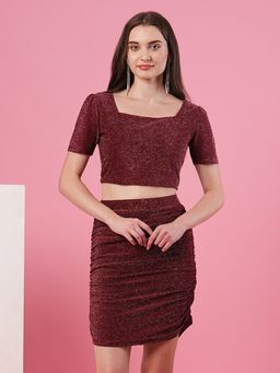 Globus - Women Maroon Party Co-Ord with Square Neck Top & Skirt (Set of 2)