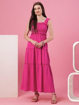 Globus - Women Pink Square Neck Strappy Shoulder Smocked Tiered Fit & Flare Maxi Dress