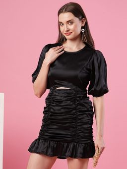Globus - Women Black Puff Sleeve Ruched Above Knee Party Dress