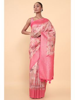 Soch - Women Pink Chanderi Floral Saree with Unstitched Blouse