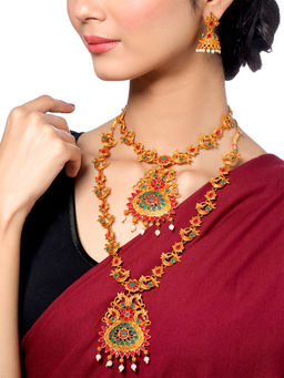 Yellow Chimes - Gold-Plated Temple Necklace Set Stone-Studded Necklace Set for Women